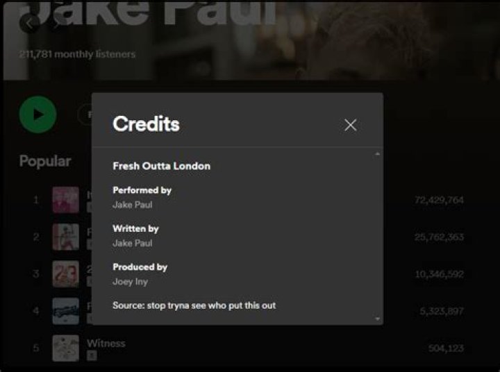 Fresh Outta London by Jake Paul in Top 40 Songs Chart (monthly top chart)