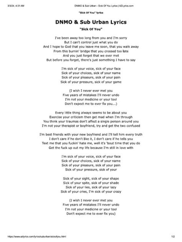 Lyrics & Translations of Sick Of You by Dnmo